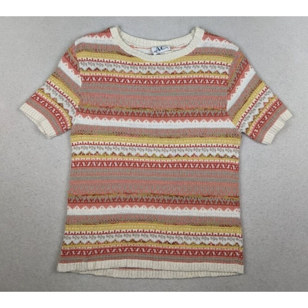 AMERICAN COLLECTION - WOMEN'S CORAL ORANGE STRIPED SHORT SLEEVE PULLOVER SWEATER